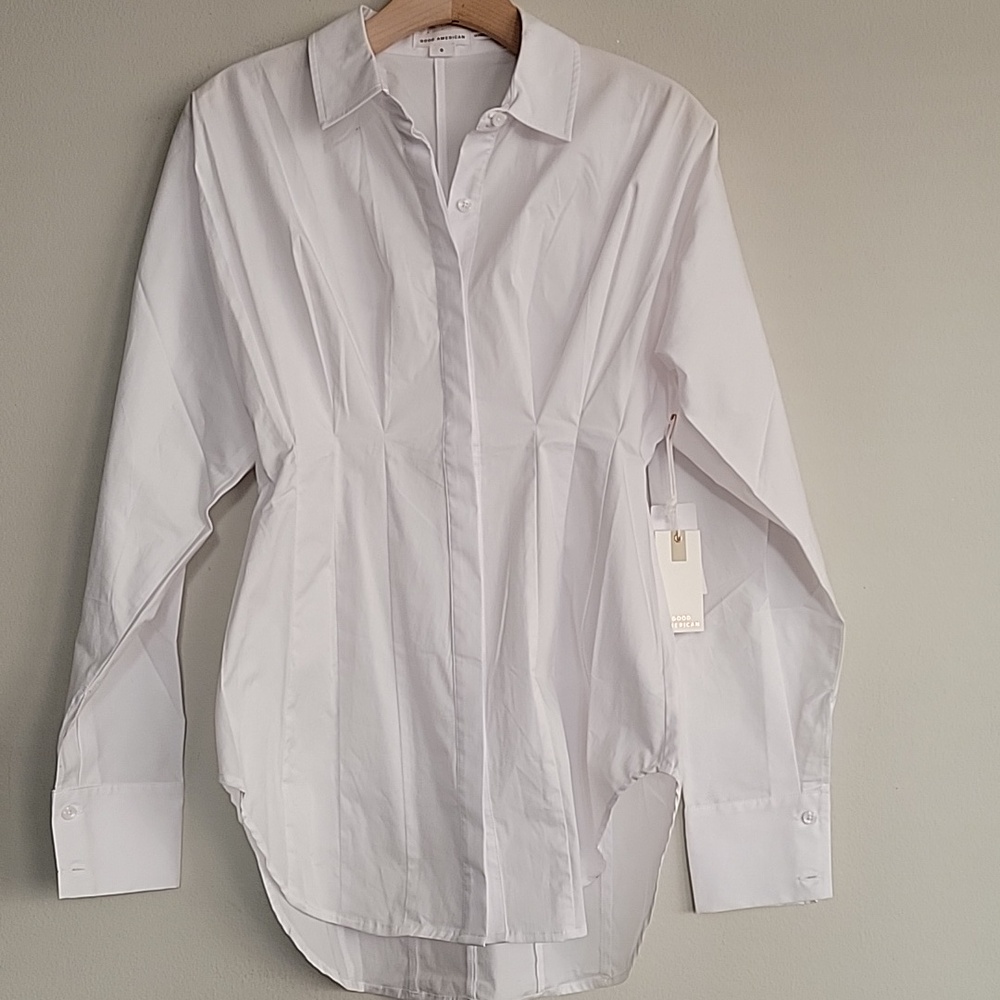 Good American NWT White Button-Up Poplin Dolman Sleeve Pleated Shirt - Picture 3 of 10
